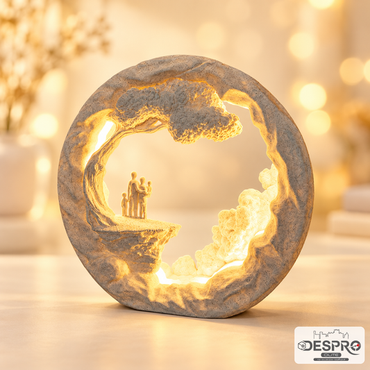 Luminaria LED cálida con escena familiar bajo un árbol impresa en 3D