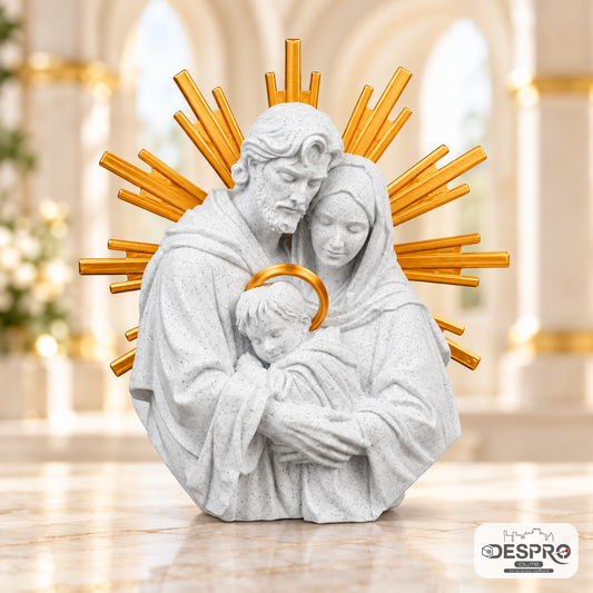 Figura 3D de la Sagrada Familia en color blanco con halo y rayos dorados.