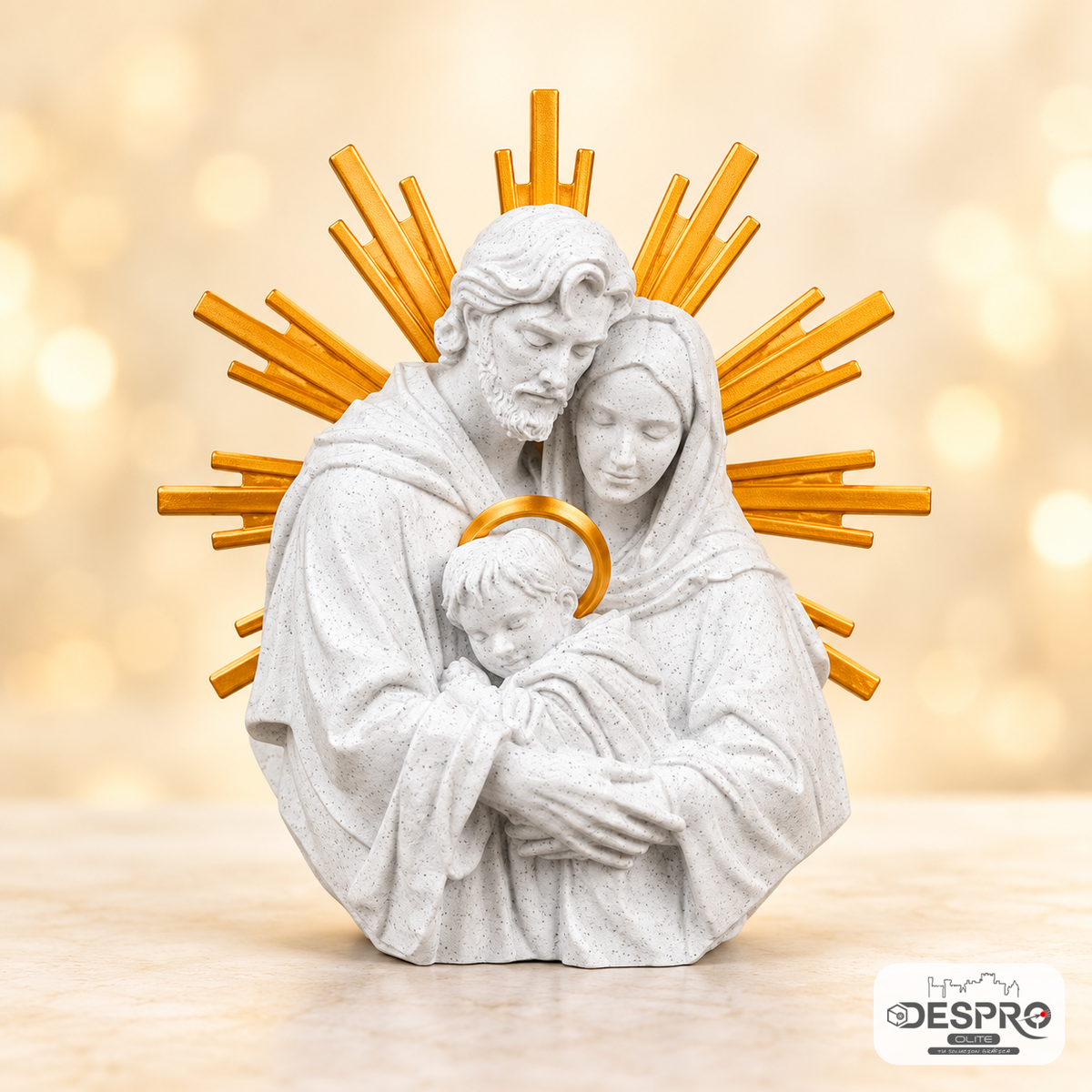 Figura 3D de la Sagrada Familia en color blanco con halo y rayos dorados.