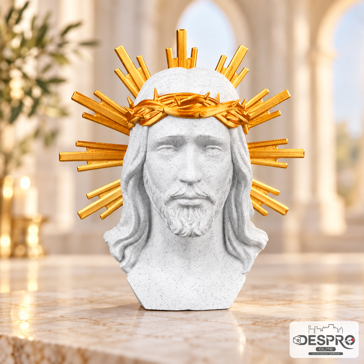 Busto de Jesucristo con Corona de Espinas y Halo Dorado — ambientación clara | Despro