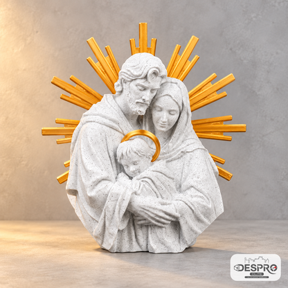 Figura 3D de la Sagrada Familia en color blanco con halo y rayos dorados.