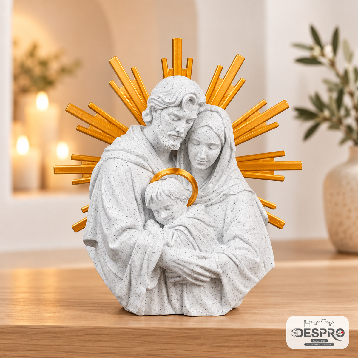 Figura 3D de la Sagrada Familia en color blanco con halo y rayos dorados.