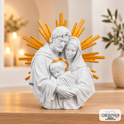 Figura 3D de la Sagrada Familia en color blanco con halo y rayos dorados.